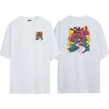 The Wert Unisex Mushroom Road Ön Arka Baskılı Beyaz Oversize T-Shirt