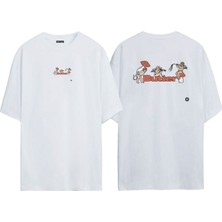 The Wert Unisex Bunter Melekler Ön Arka Baskılı Beyaz Oversize T-Shirt