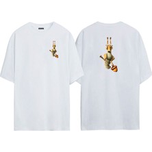 The Wert Unisex Buz Devri Sincap Illüstrasyon Ön Arka Baskılı Beyaz Oversize T-Shirt