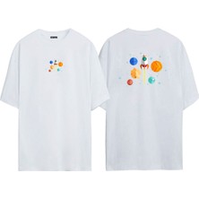 The Wert Unisex Çok Renkli Roket ve Gezegenler Ön Arka Baskılı Beyaz Oversize T-Shirt