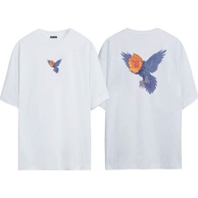 The Wert Unisex Sunflower Headed Bird Ön Arka Baskılı Beyaz Oversize T-Shirt