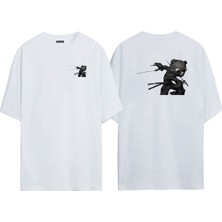 The Wert Unisex Revenge Of Kuma Ön Arka Baskılı Beyaz Oversize T-Shirt
