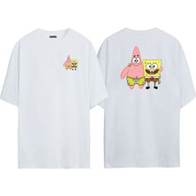 The Wert Unisex Spongebob Squarepants ve Patrick Star Ön Arka Baskılı Beyaz Oversize T-Shirt