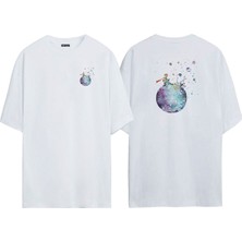 The Wert Unisex Küçük Prens Suluboya Ön Arka Baskılı Beyaz Oversize T-Shirt