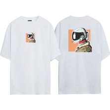 The Wert Unisex Astronaut Smoking Ön Arka Baskılı Beyaz Oversize T-Shirt