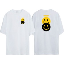 The Wert Unisex Melek ve Şeytan Ön Arka Baskılı Beyaz Oversize T-Shirt