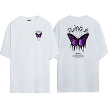 The Wert Unisex Revenge, Mor Kelebek Ön Arka Baskılı Beyaz Oversize T-Shirt