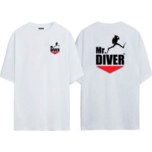 The Wert Unisex Tüplü Dalış Mr. Dıver Ön Arka Baskılı Beyaz Oversize T-Shirt