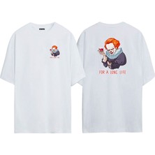 The Wert Unisex Palyaço For A  Long Lıfe Ön Arka Baskılı Beyaz Oversize T-Shirt