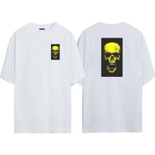 The Wert Unisex Sarı Kuru Kafa Ön Arka Baskılı Beyaz Oversize T-Shirt