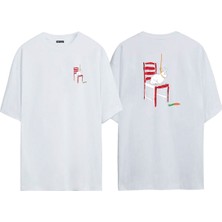 The Wert Unisex Sandalyedeki Tavşan, Havuç Ön Arka Baskılı Beyaz Oversize T-Shirt