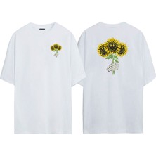 The Wert Unisex Smile Flower Ön Arka Baskılı Beyaz Oversize T-Shirt