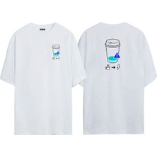 The Wert Unisex Kahve ve Enerji Ön Arka Baskılı Beyaz Oversize T-Shirt