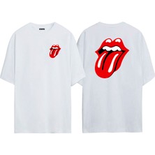 The Wert Unisex Rolling Stones Logo Müzikal Topluluğu Ön Arka Baskılı Beyaz Oversize T-Shirt
