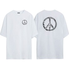 The Wert Unisex Peaceful Symbol Ön Arka Baskılı Beyaz Oversize T-Shirt