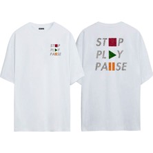 The Wert Unisex Stop Play Pause Ön Arka Baskılı Beyaz Oversize T-Shirt