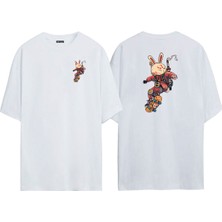 The Wert Unisex Samurai Rabbit With Skateboard Ön Arka Baskılı Beyaz Oversize T-Shirt