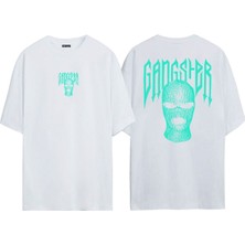 The Wert Unisex Yeşil Gangster Maske Ön Arka Baskılı Beyaz Oversize T-Shirt