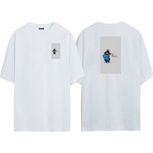 The Wert Unisex Şeytan Kasklı Motorcu Ön Arka Baskılı Beyaz Oversize T-Shirt