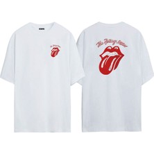 The Wert Unisex The Rolling Stones Ön Arka Baskılı Beyaz Oversize T-Shirt