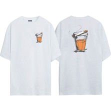 The Wert Unisex Glass And Cigarette Ön Arka Baskılı Beyaz Oversize T-Shirt
