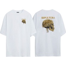 The Wert Unisex Sepultura ,skull,şeytan Ön Arka Baskılı Beyaz Oversize T-Shirt