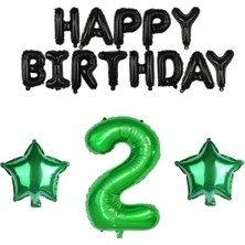 Rönesans Parti Siyah Happy Bırthday Yeşil Rakam ve Yıldız Folyo Balon Seti Yaş 2