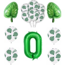 Rönesans Parti Yeşil Yaprak Baskılı Latex ve Yeşil Rakam Yaprak Folyo Balon Seti Yaş 0