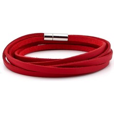 Solfera Kırmızı Deri Çift Sıra Sarma Erkek Bileklik M049E