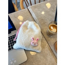Sumicorn Design Sevimli Pembe Tavşan Peluş Pötikareli Astarlı Büzgülü İpli Düzenleyici Kese Makyaj Çantası