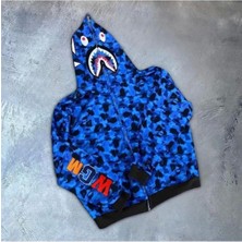 UKB Erkek 2 Iplik Bape Kapüşonu Fermuarlı Hırka - Mavi