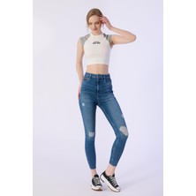 Bpf Skınny Cep Kapalı Dizler Lazerlı Paça Kesik Denim Pantolon