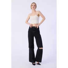 Bpf Yüksek Bel Wide Leg Dizler Lazerlı Jeans