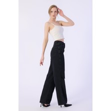 Bpf Yüksek Bel Wide Leg Dizler Lazerlı Jeans