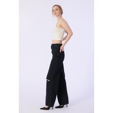 Bpf Yüksek Bel Wide Leg Dizler Lazerlı Jeans