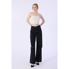 Bpf Yüksek Bel Wide Leg Dizler Lazerlı Jeans