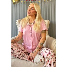 Pijama Evi Açık Pembe Florado Exclusive Önden Düğmeli Kısa Kollu Kadın Pijama Takımı