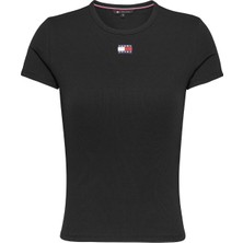 Tommy Jeans Bisiklet Yaka Düz Siyah Kadın T-Shirt Tjw Slım Badge Rıb Tee