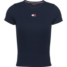 Tommy Jeans Bisiklet Yaka Düz Lacivert Kadın T-Shirt Tjw Slım Badge Rıb Tee