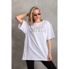 Style Of Angels Unisex Taş Desenli Oversize T-Shirt - Beyaz