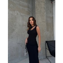 Aisha Kadın Ottoman Kumaş Damla Dekolte Taş Detaylı Maxi Boy Elbise