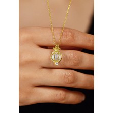 Erdobia Zirkon Taşlı Gold Kalp Motifli Incili Kafes Gümüş Kolye