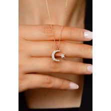 Erdobia Zirkon Taşlı Rose Ay Yıldız Bayrak Gümüş Kolye