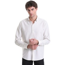 Hatemoğlu Bej Slim Fit Çizgili Dik Yaka Pamuklu Uzun Kollu Casual Gömlek
