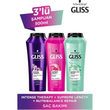 Gliss Intense Therapy Şampuan 500 Ml + Supreme Lenght 500 Ml Şampuan + Nutribalance Repair 500 Ml