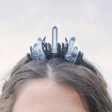 Qiuhong Shop No.12 Boyutu El Yapımı Sahte Ham Kristal Kafa Kuvars Siyah Ay Gelin Alaşım Tiara Taç Bayanlar Düğün Parti Gelin Jewely Headdress (Yurt Dışından)