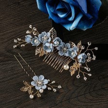 Qiuhong Shop L2 2021 Moda Lüks Mavi Çiçek Saç Tarakları Headdress Balo Saç Aksesuarları Altın Yapraklar Saç Gelin Düğün Takı Saç Tokası (Yurt Dışından)