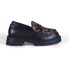 Belisia Kadın Siyah  Deri Leopar Detaylı Comfort Loafer Ayakkabı