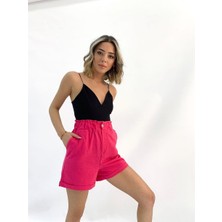Weppa Kadın Beli Büzgülü Çift Cepli Keten Şort