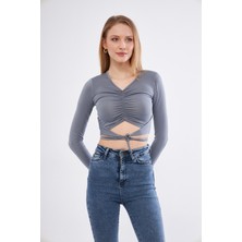 AS Anita Store Büzgülü Bağlama Detaylı Uzun Kollu Crop Bluz